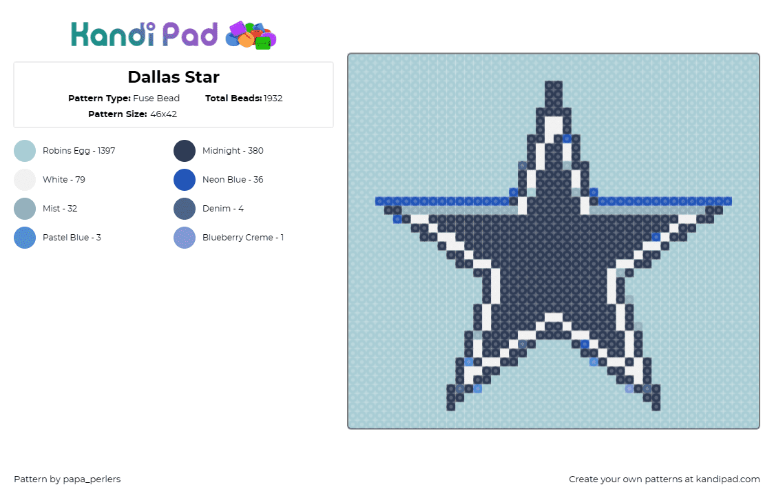 Dallas Star - Fuse Bead Pattern by papa_perlers on Kandi Pad - dallas cowboys,football,sports,star,spirit,sportsmanship,sharp,classic,team,blue