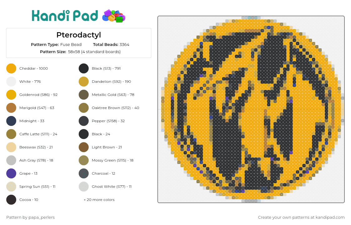 Pterodactyl - Fuse Bead Pattern by papa_perlers on Kandi Pad - pterodactyl,power rangers,dinosaur,childhood,martial arts,coin,iconic,prehistoric,emblem,black,orange