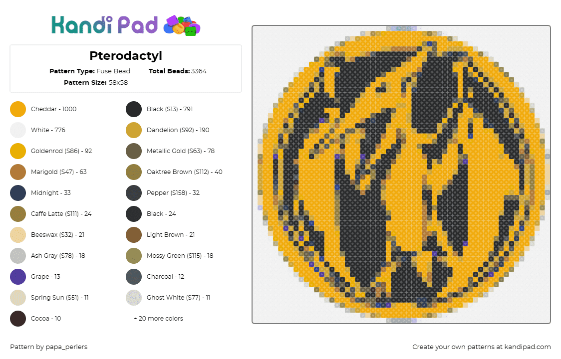 Pterodactyl - Fuse Bead Pattern by papa_perlers on Kandi Pad - pterodactyl,power rangers,dinosaur,childhood,martial arts,coin,prehistoric,emble