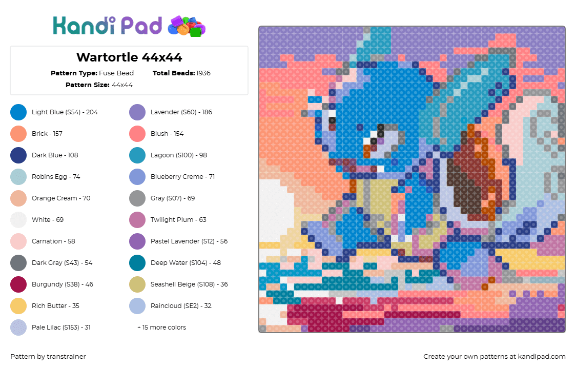 Wartortle 151 - Fuse Bead Pattern by transtrainer on Kandi Pad - pink,red,orange,light blue,colorful