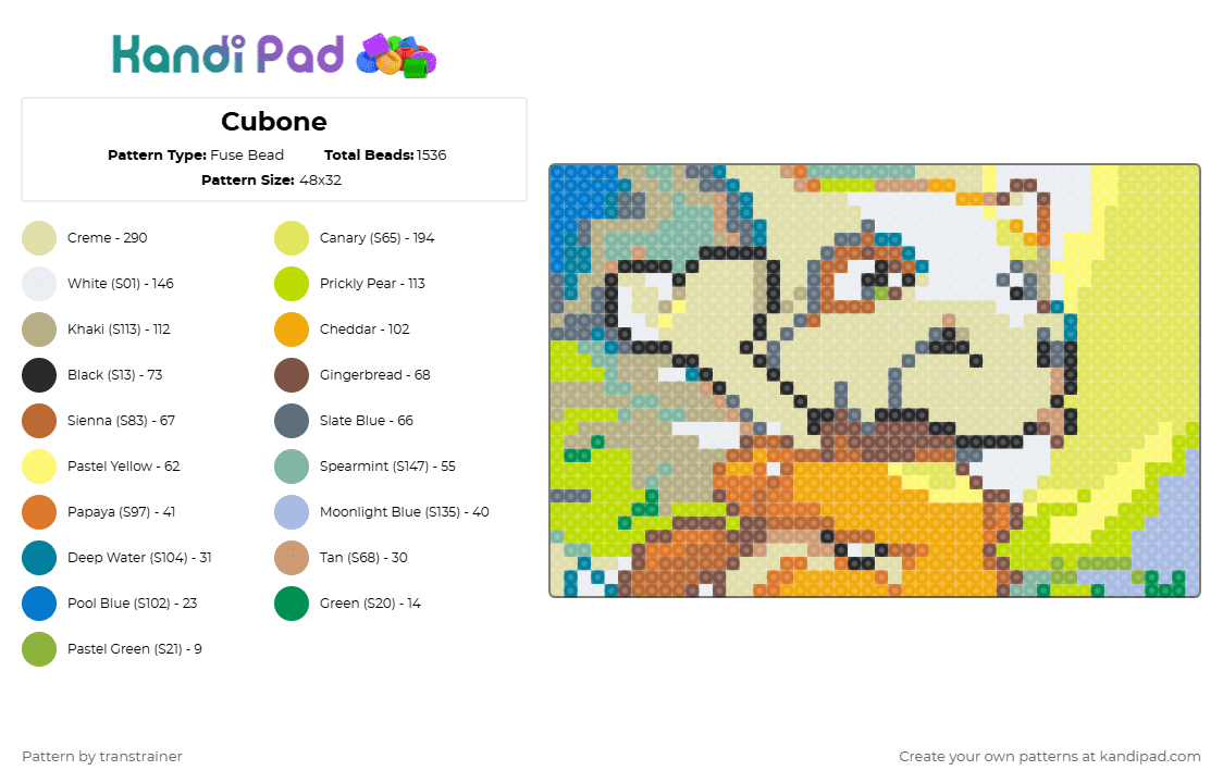 Cubone - Fuse Bead Pattern by transtrainer on Kandi Pad - pokemon,cubone,marowak