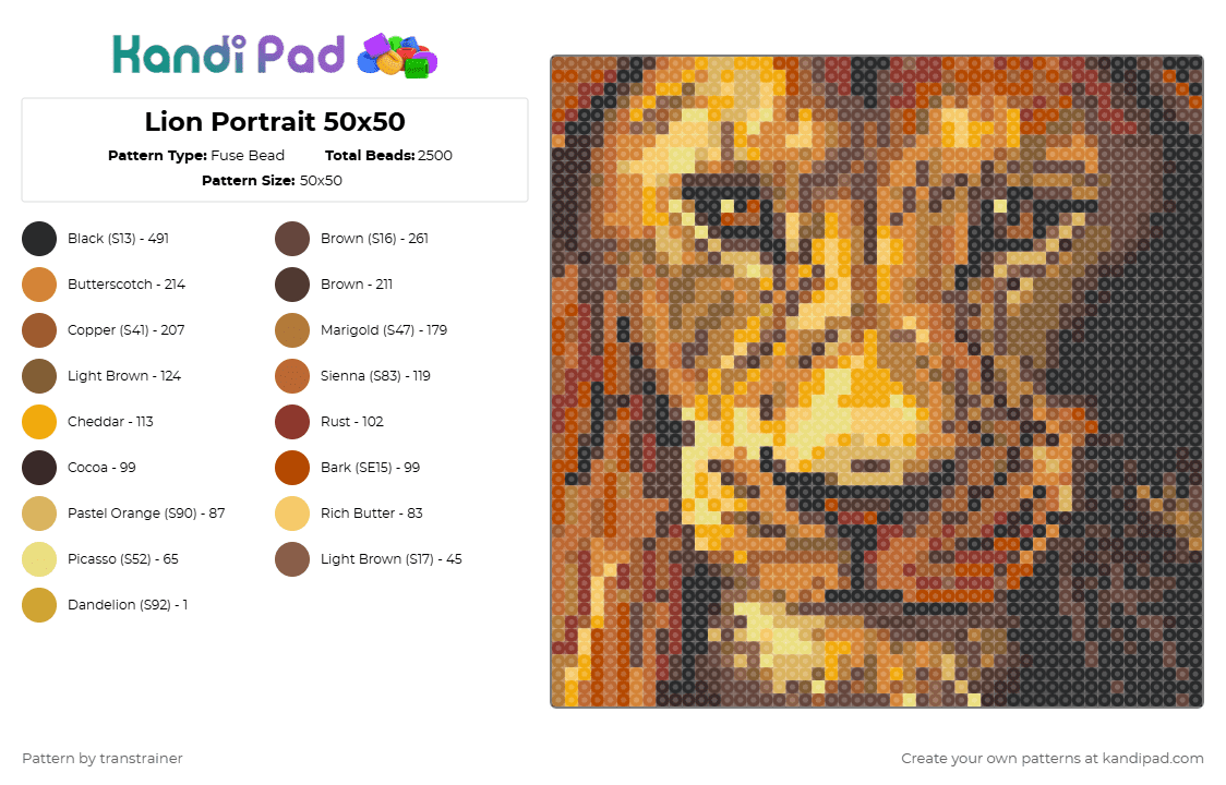 Lion Portrait 50x50 - Fuse Bead Pattern by transtrainer on Kandi Pad - orange,brown,tan,lion,jungle,portrait,animal portrait