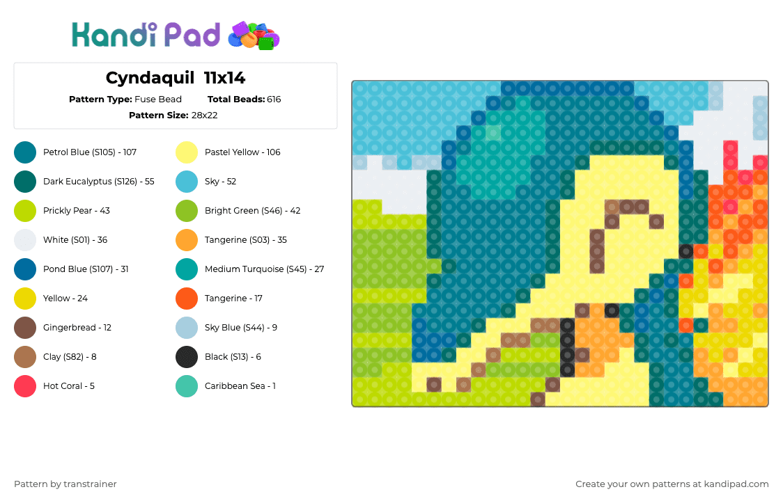 Cyndaquil - Fuse Bead Pattern by transtrainer on Kandi Pad - teal,yellow,green