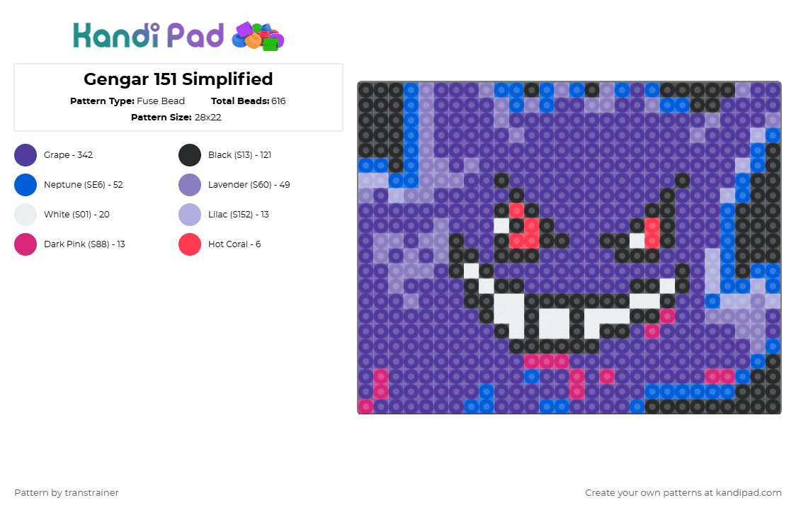 Gengar 151 Simplified - Fuse Bead Pattern by transtrainer on Kandi Pad - purple,pokemon,gengar