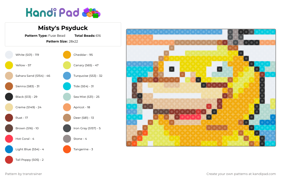 Misty\'s Psyduck - Fuse Bead Pattern by transtrainer on Kandi Pad - psyduck,panel,gaming,pokemon,video game,light blue,yellow,orange,beige,colorful