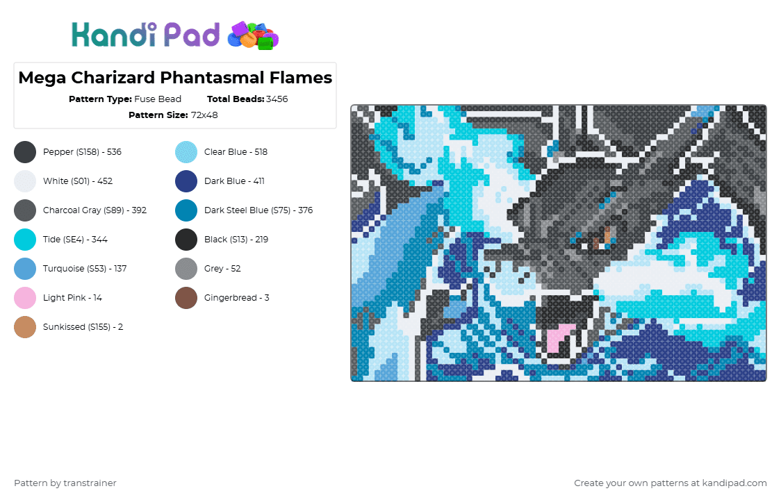 Mega Charizard Phantasmal Flames - Fuse Bead Pattern by transtrainer on Kandi Pad - gray,light blue,pokemon,charizard,mega charizard,blue charizard