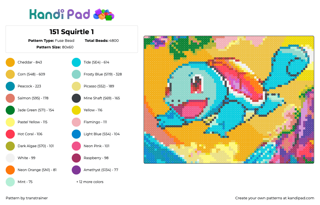 151 Squirtle - Fuse Bead Pattern by transtrainer on Kandi Pad - yellow,pink,orange,light blue