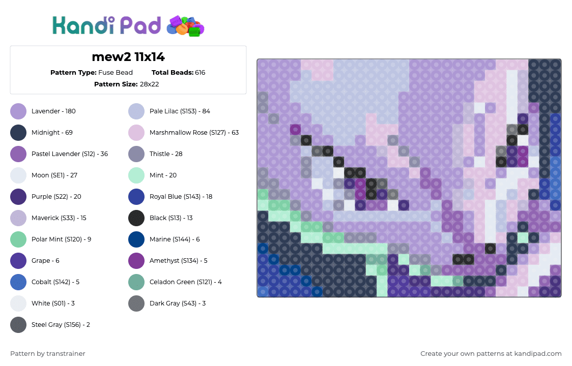 Mewtwo - Fuse Bead Pattern by transtrainer on Kandi Pad - purple,pink