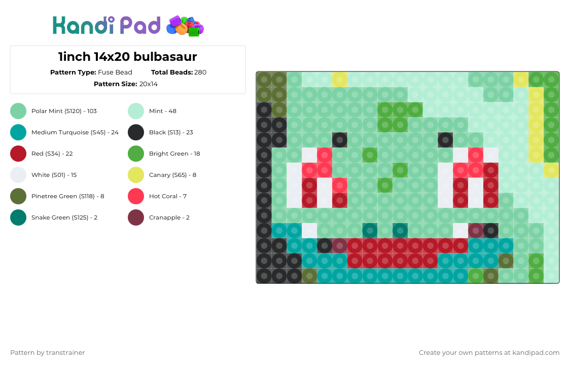 Bulbasaur Portrait - Fuse Bead Pattern by transtrainer on Kandi Pad - 