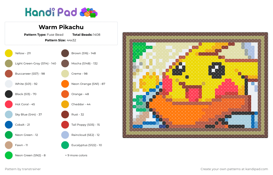 Warm Pikachu - Fuse Bead Pattern by transtrainer on Kandi Pad - yellow,red,orange,brown,colorful,pokemon,pikachu,winter,holiday,christmas,snow,scarf