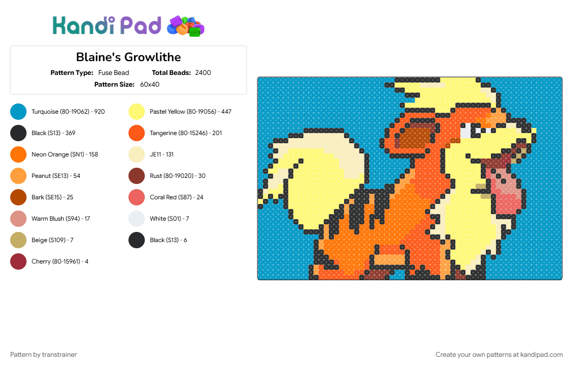 Blaine\'s Growlithe - Fuse Bead Pattern by transtrainer on Kandi Pad - blaine, fire pokemon, growlithe, light blue, orange, pokemon, yellow
