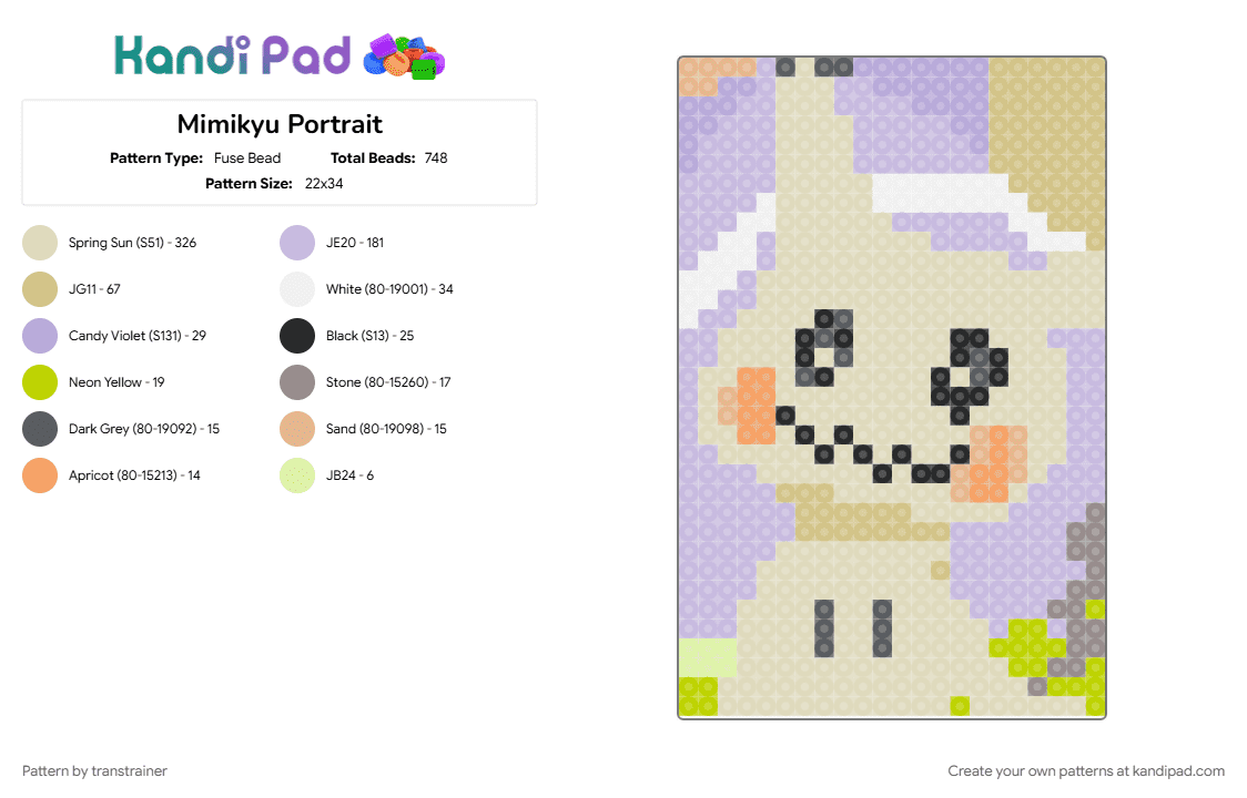 Mimikyu Portrait - Fuse Bead Pattern by transtrainer on Kandi Pad - mimikyu, pokemon