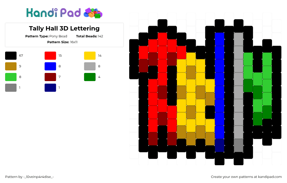 Tally Hall 3D Lettering - Pony Bead Pattern by poems_of_a_machine on Kandi Pad - black,red,yellow,green
