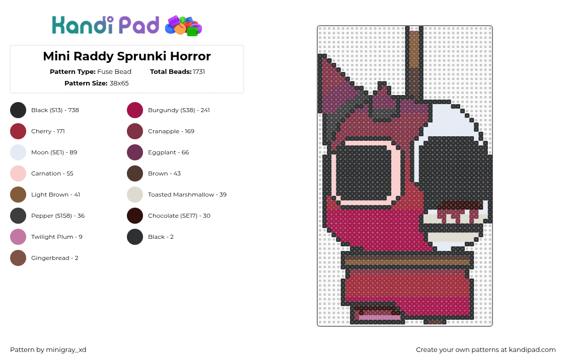 Mini Raddy Sprunki Horror - Fuse Bead Pattern by minigray_xd on Kandi Pad - black,brown,red,pink