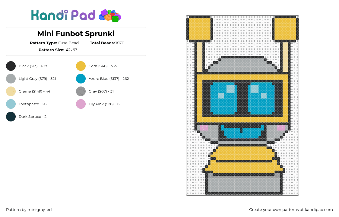 Mini Funbot Sprunki - Fuse Bead Pattern by minigray_xd on Kandi Pad - yellow,gray,light blue