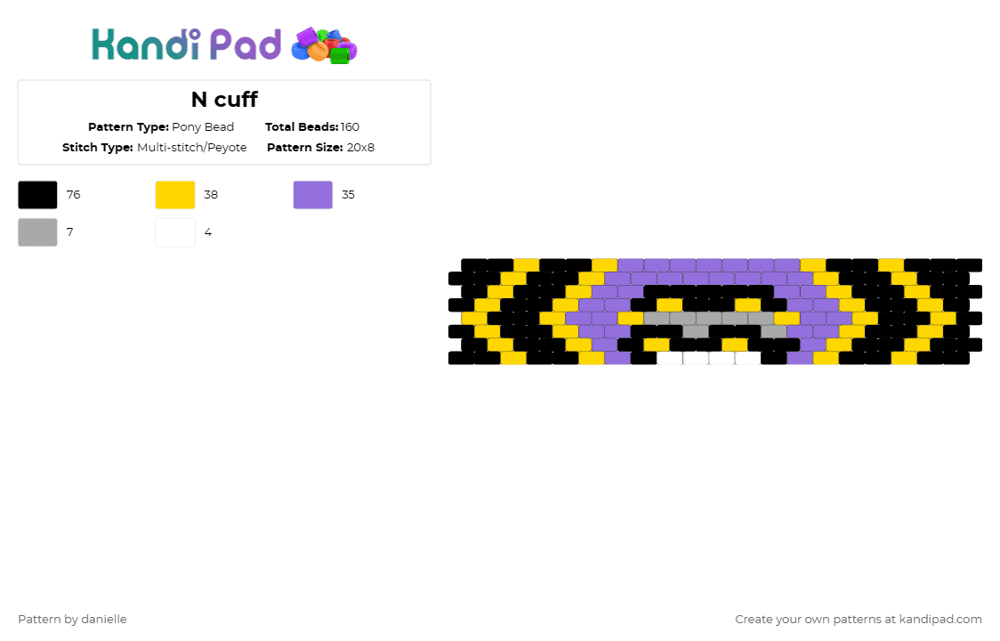 N cuff - Pony Bead Pattern by danielle on Kandi Pad - yellow,purple,murder drones