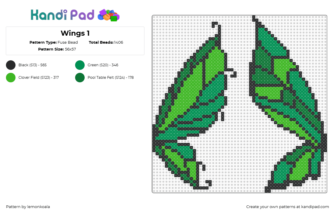 Wings 1 - Fuse Bead Pattern by lemonkoala on Kandi Pad - black,green
