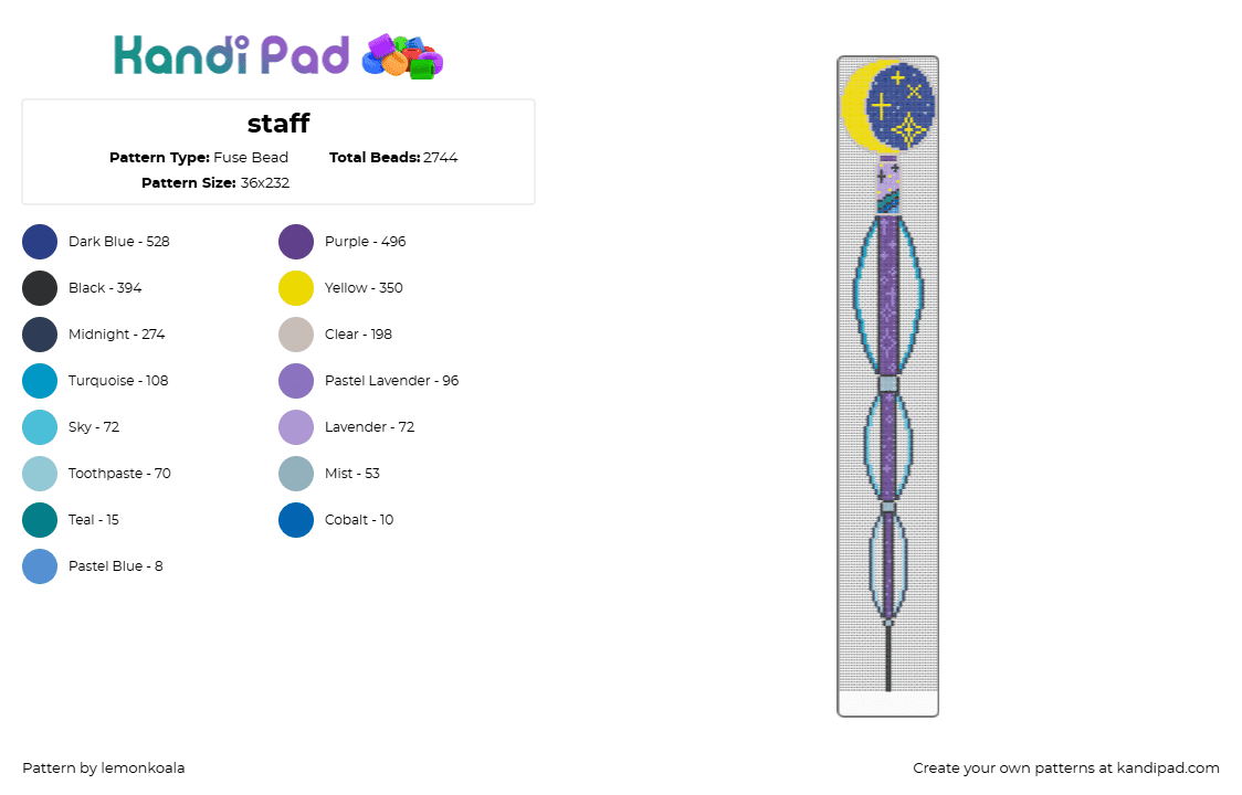 staff - Fuse Bead Pattern by lemonkoala on Kandi Pad - yellow,light blue,purple,blue