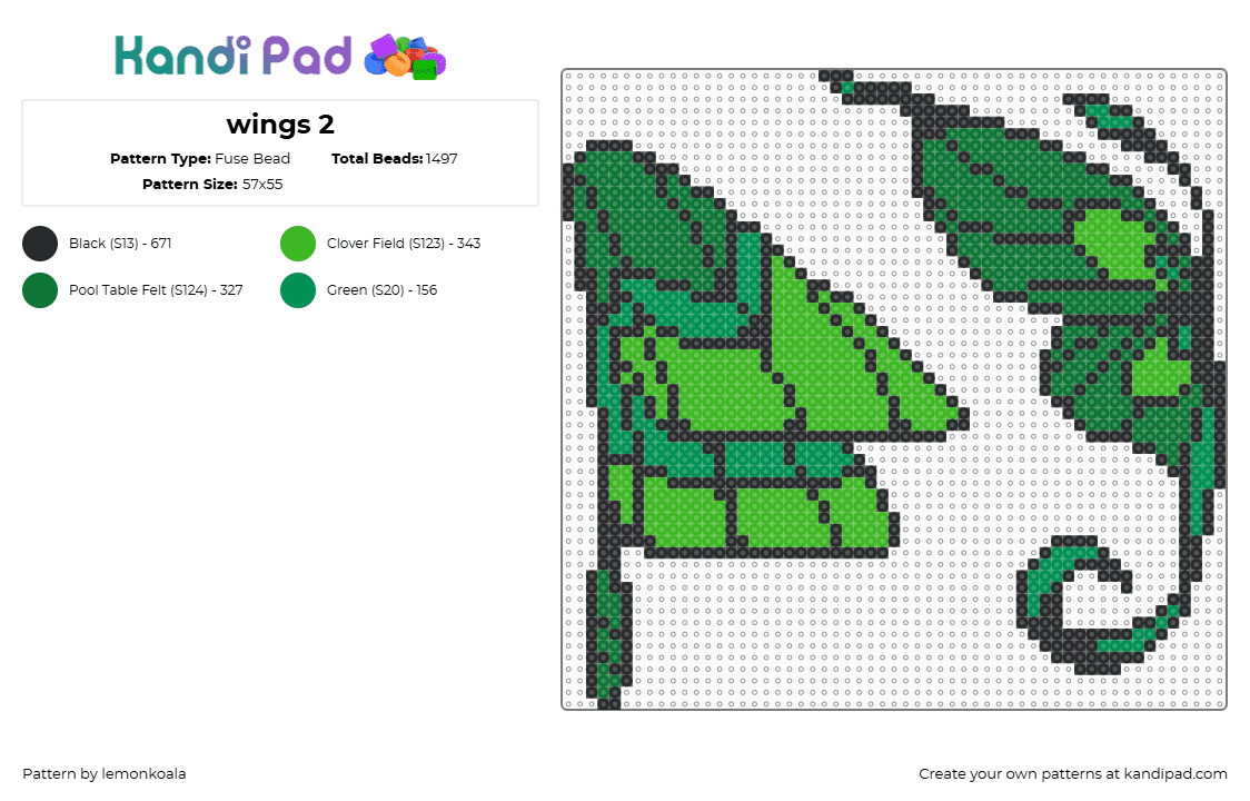 wings 2 - Fuse Bead Pattern by lemonkoala on Kandi Pad - black,green