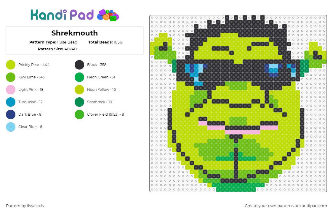 Shrekmouth - Fuse Bead Pattern by livyalexis on Kandi Pad - shrek,smash mouth,mashup,band,music,character,animation,movie,funny,cool,sun glasses,green,black