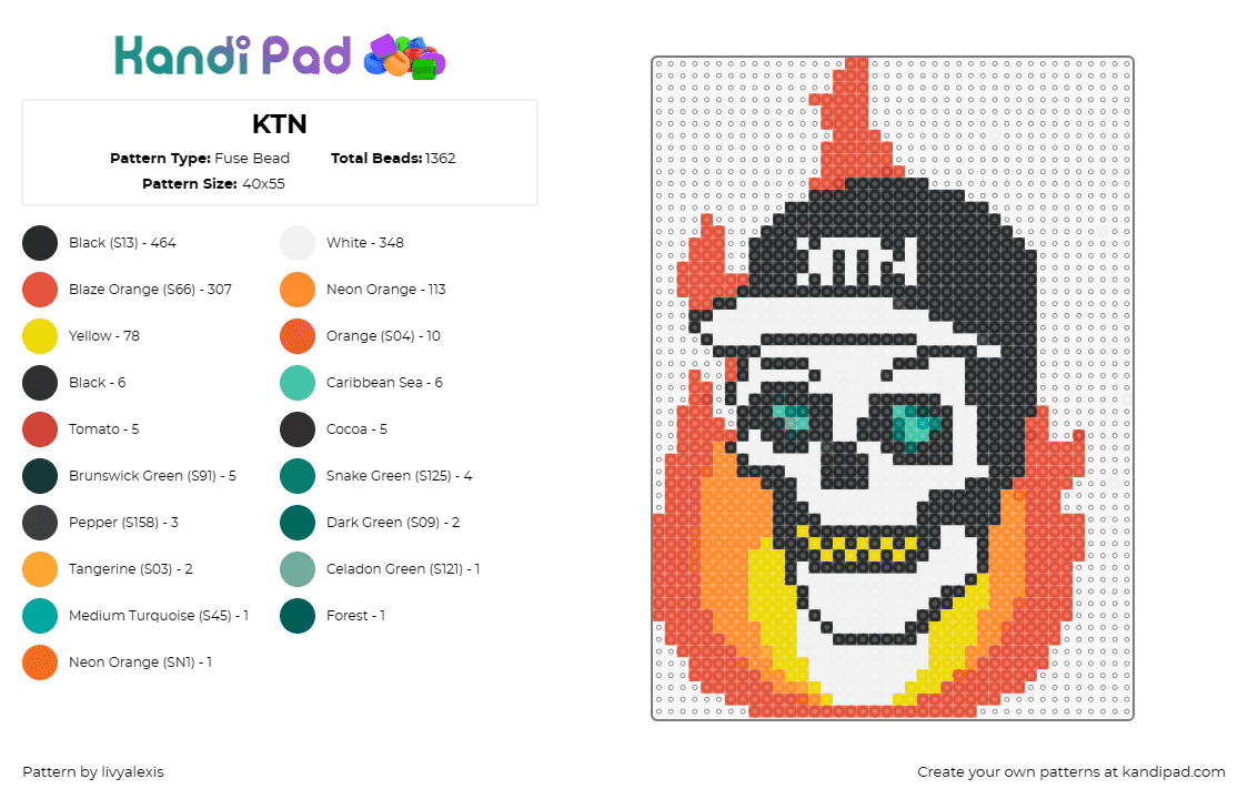 KTN - Fuse Bead Pattern by livyalexis on Kandi Pad - kill the noise,skull,fire,hat,flames,music,edm,dj,spooky,white,black,orange