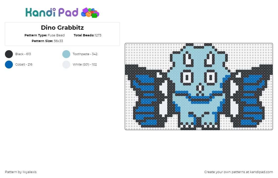 Dino Grabbitz - Fuse Bead Pattern by livyalexis on Kandi Pad - grabbitz,triceratops,dinosaur,butterfly,cute,dj,music,edm,light blue,blue