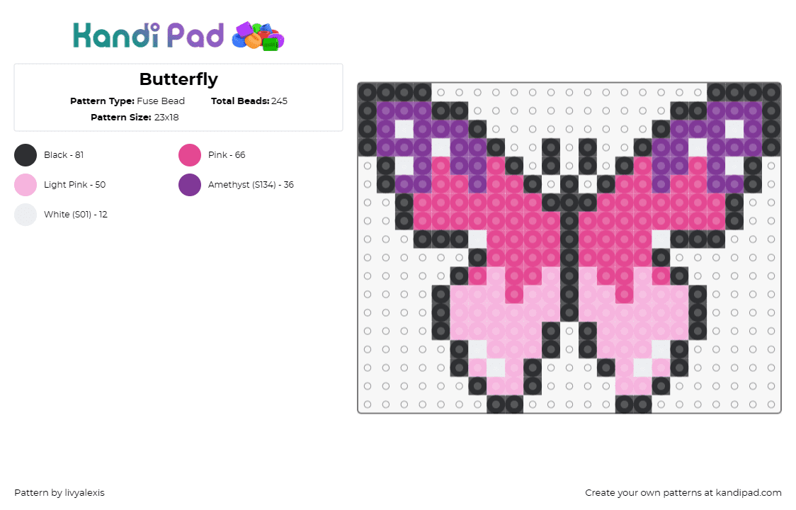 Butterfly - Fuse Bead Pattern by livyalexis on Kandi Pad - butterfly,insect,moth,bright,pink,purple