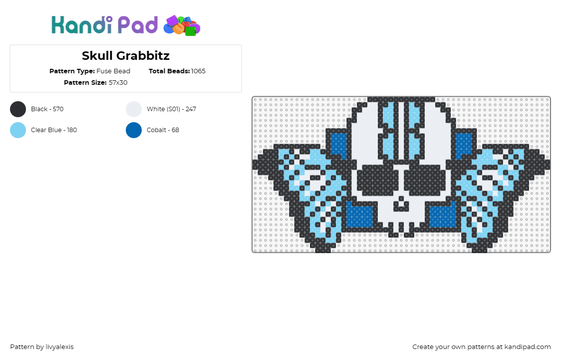 Skull Grabbitz - Fuse Bead Pattern by livyalexis on Kandi Pad - grabbitz,skull,butterfly,music,dj,edm,light blue,white