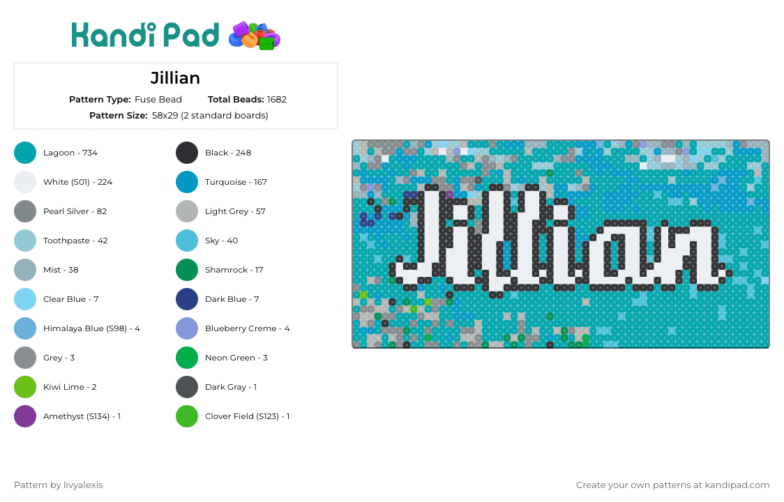 Jillian - Fuse Bead Pattern by livyalexis on Kandi Pad - jillian,name,text,cursive,white,teal