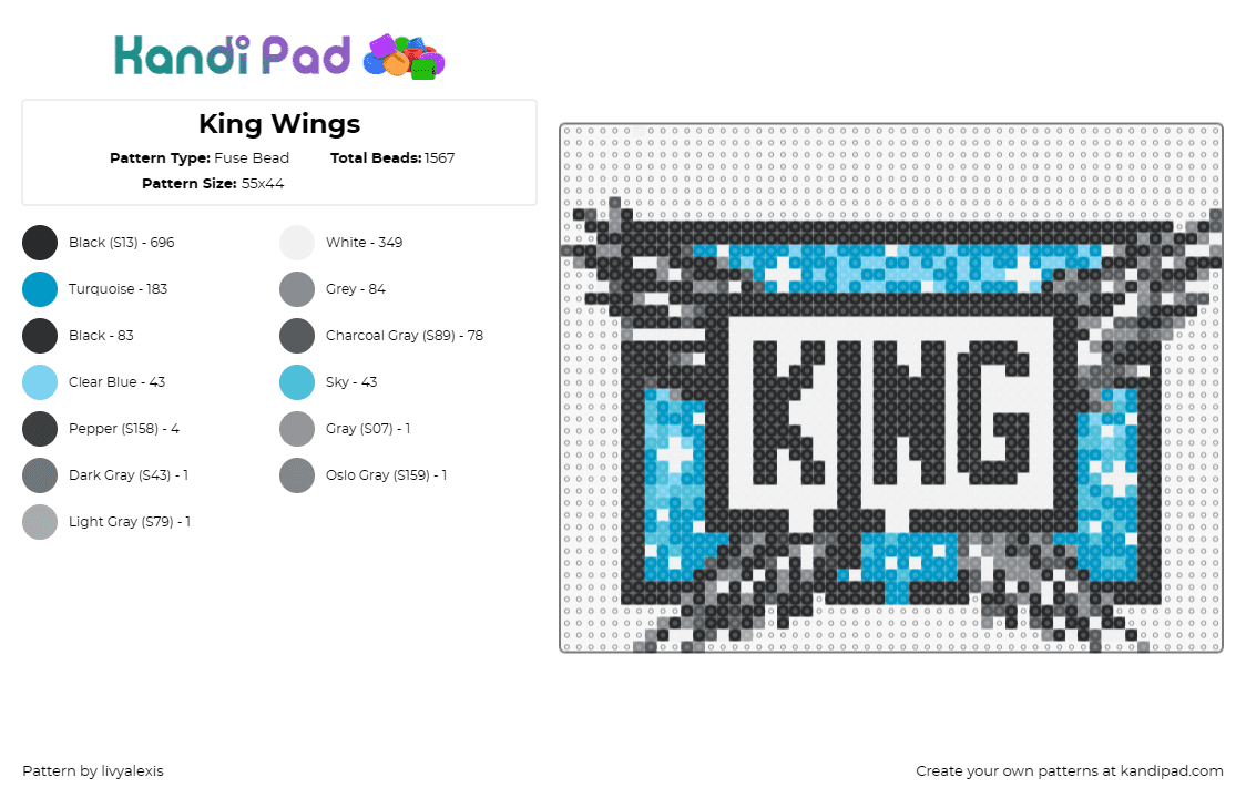 King Wings - Fuse Bead Pattern by livyalexis on Kandi Pad - sullivan king,logo,wings,dj,edm,music,sparkle,light blue,white,black