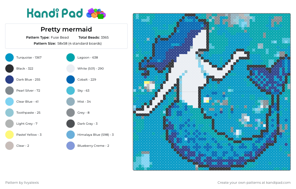 Pretty mermaid - Fuse Bead Pattern by livyalexis on Kandi Pad - mermaid,fantasy,mythological,underwater,sea,swim,blue,teal