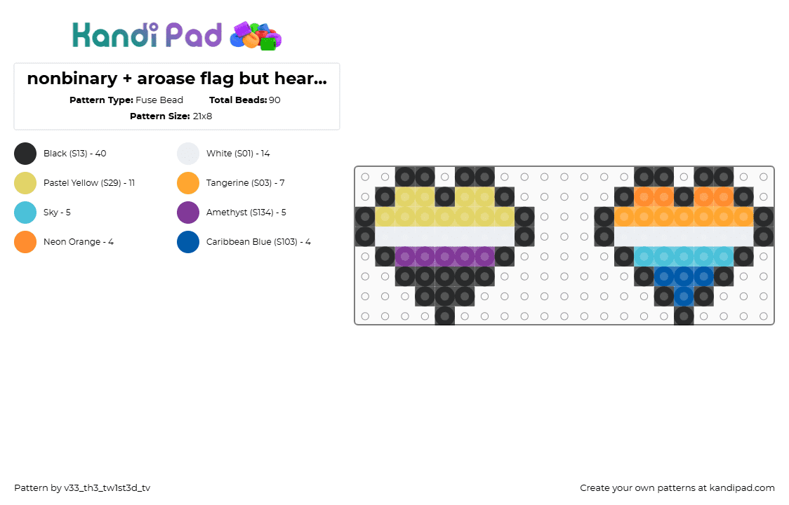 nonbinary + aroase flag but hearts instead :3 - Fuse Bead Pattern by v33_th3_tw1st3d_tv on Kandi Pad - black, orange, yellow