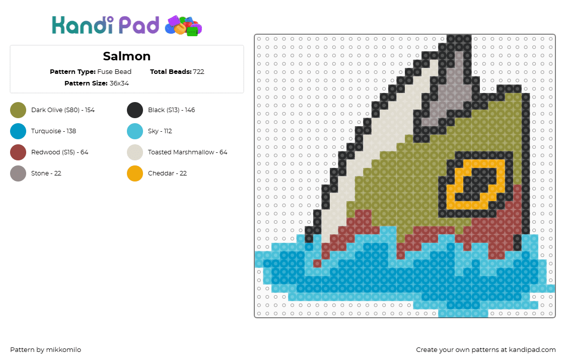 Stupid lookin\' salmon lolol - Fuse Bead Pattern by mikkomilo on Kandi Pad - salmon,fish,sockeye,marine,ocean,saltwater,freshwater,marine animal,light blue,gold