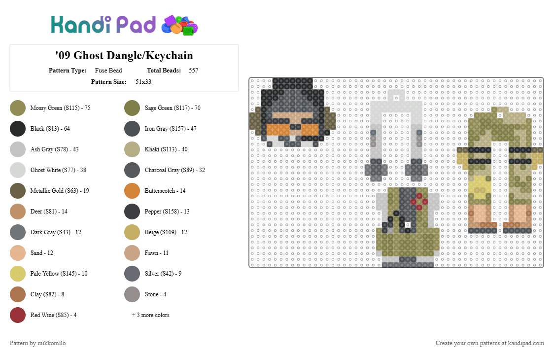 \'09 Ghost Dangle/Keychain - Fuse Bead Pattern by mikkomilo on Kandi Pad - gray,gold,beige,call of duty,ghost,mw2,cod,dangle,keychain,video game,accessory