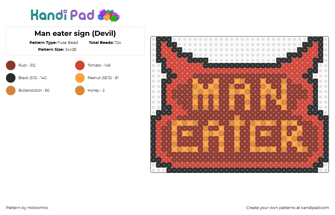 Man eater sign (Devil) - Fuse Bead Pattern by mikkomilo on Kandi Pad - red,maneater,man eater,devil,demon,words,sign,hell