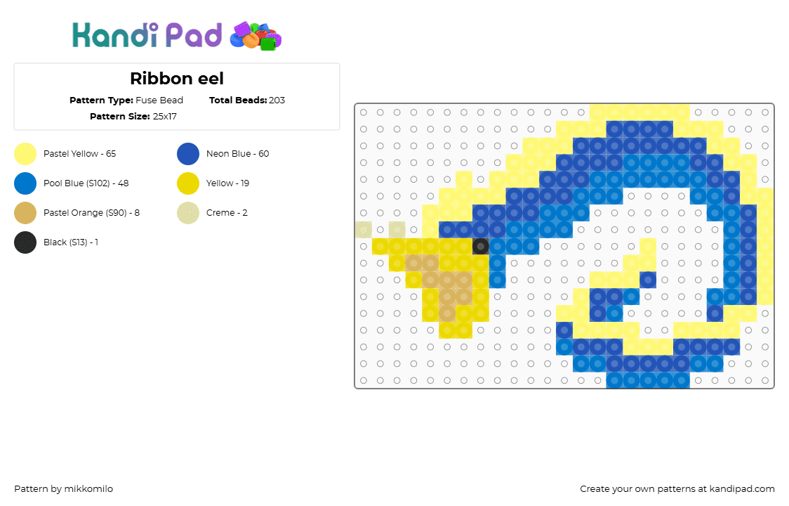 Ribbon eel pog >:D - Fuse Bead Pattern by mikkomilo on Kandi Pad - ribbon eel,eel,marine,marine animal,ocean,moray,bernis,leafnosed,yellow,blue