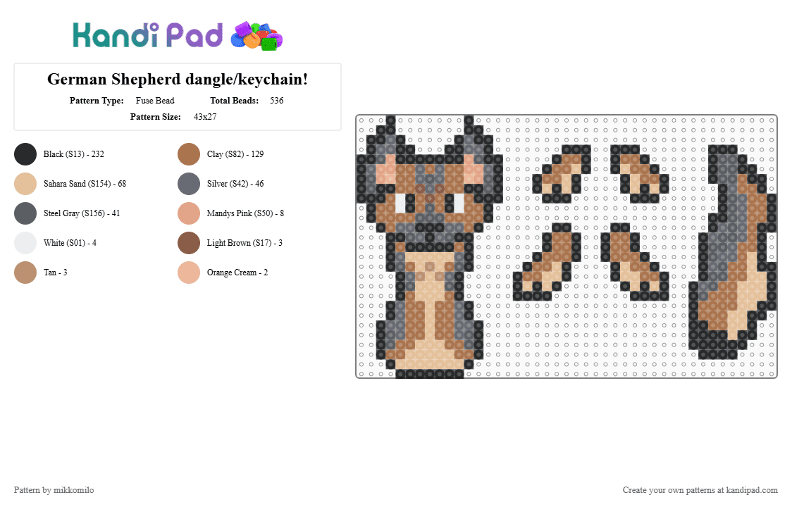 German Shepherd dangle/keychain! - Fuse Bead Pattern by mikkomilo on Kandi Pad - tan,ragdoll,dangle,keychain,german shepherd,dog,3d,puppy,canine