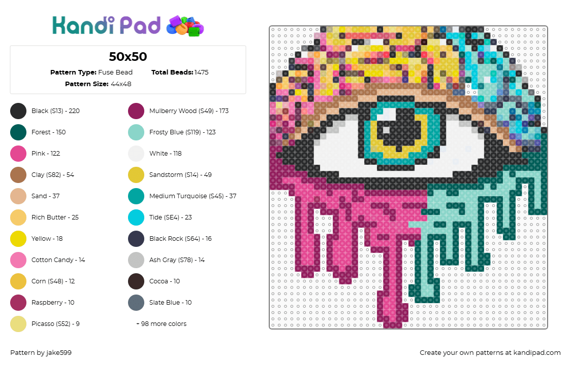 50x50 - Fuse Bead Pattern by jake599 on Kandi Pad - yellow,gray,pink,light blue