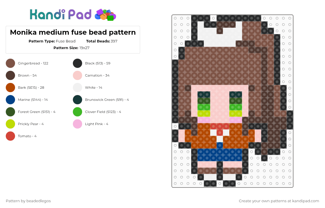 Monika medium fuse bead pattern - Fuse Bead Pattern by beadedlegos on Kandi Pad - brown,tan,beige,red,fuse beads,original character,ddlc,doki doki literature club,ddlc monika,monika