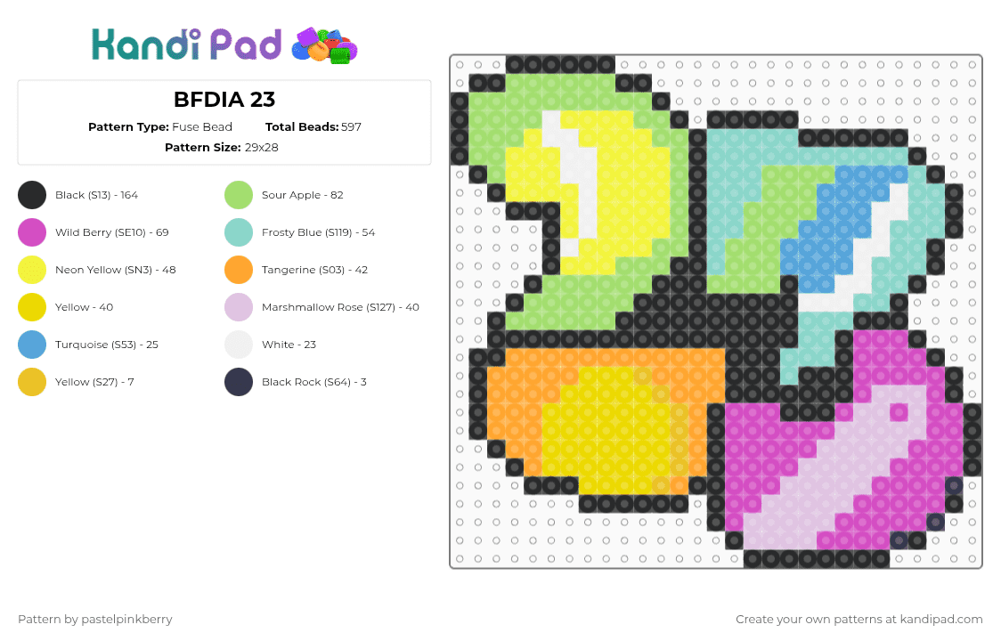 BFDIA 23 - Fuse Bead Pattern by pastelpinkberry on Kandi Pad - green,yellow,light blue,pink,osc,bfdi,bfdia