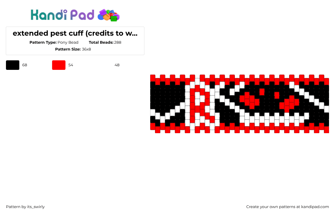 extended pest cuff (credits to w0wza) - Pony Bead Pattern by its_swirly on Kandi Pad - red,white