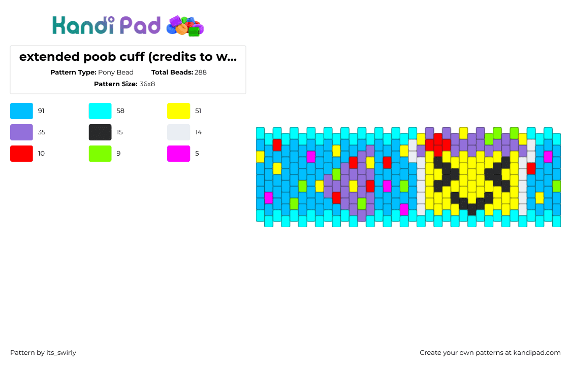 extended poob cuff (credits to w0wza) - Pony Bead Pattern by its_swirly on Kandi Pad - yellow,light blue