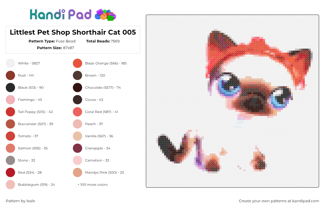Littlest Pet Shop Shorthair Cat 005 - Fuse Bead Pattern by leale on Kandi Pad - littlest pet shop,lps,shorthair cat,2005,005,hasbro,2006