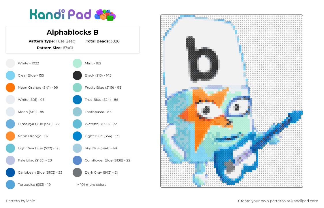 Alphablocks B - Fuse Bead Pattern by leale on Kandi Pad - white,light blue,orange,blue,alphablocks,b,learningblocks,guitar,star