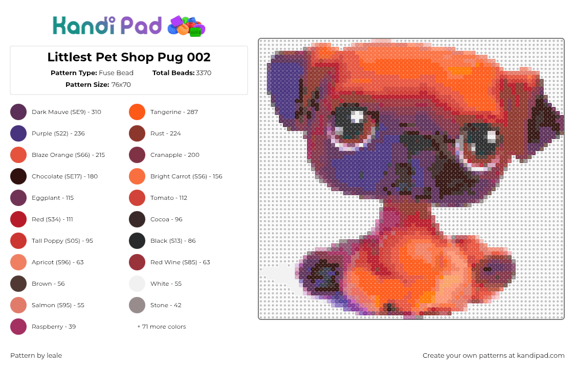 Littlest Pet Shop Pug 002 - Fuse Bead Pattern by leale on Kandi Pad - littlest pet shop,pug,002,lps,hasbro,2005,2006