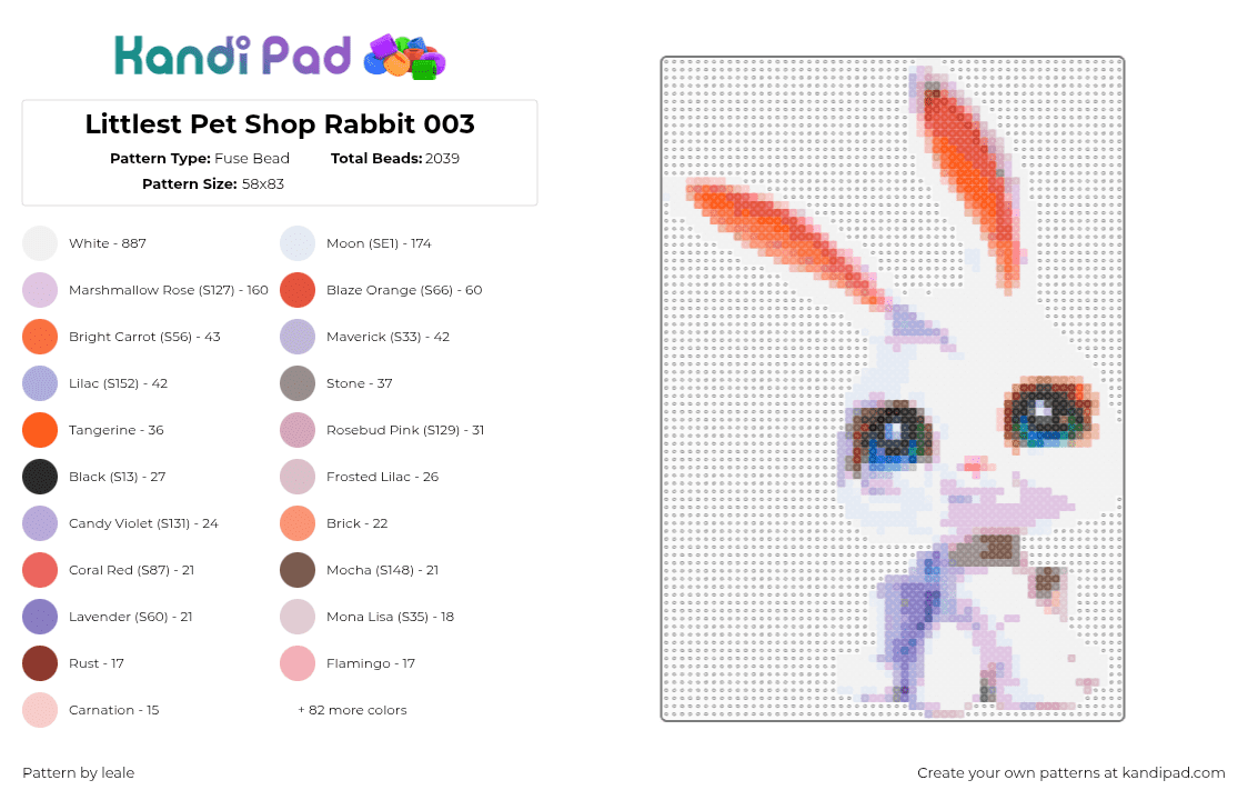 Littlest Pet Shop Rabbit 003 - Fuse Bead Pattern by leale on Kandi Pad - littlest pet shop,lps,rabbit,003,hasbro,2005,2006