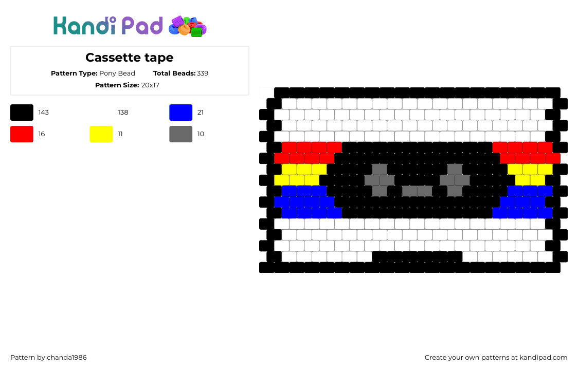 Cassette tape - Pony Bead Pattern by chanda1986 on Kandi Pad - white,red,purple,retro,cassette,music