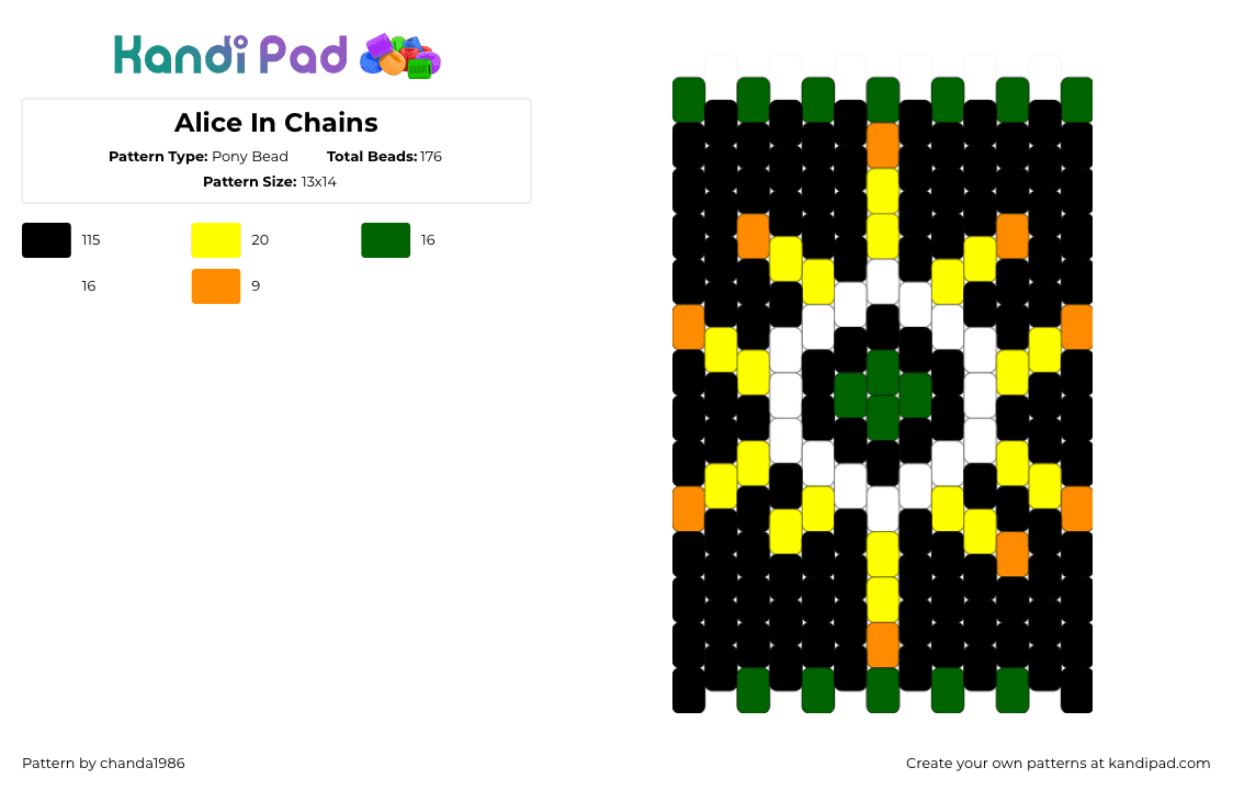 Alice In Chains - Pony Bead Pattern by chanda1986 on Kandi Pad - black,green,yellow,alice in chains,aic,logo,metal,peyote