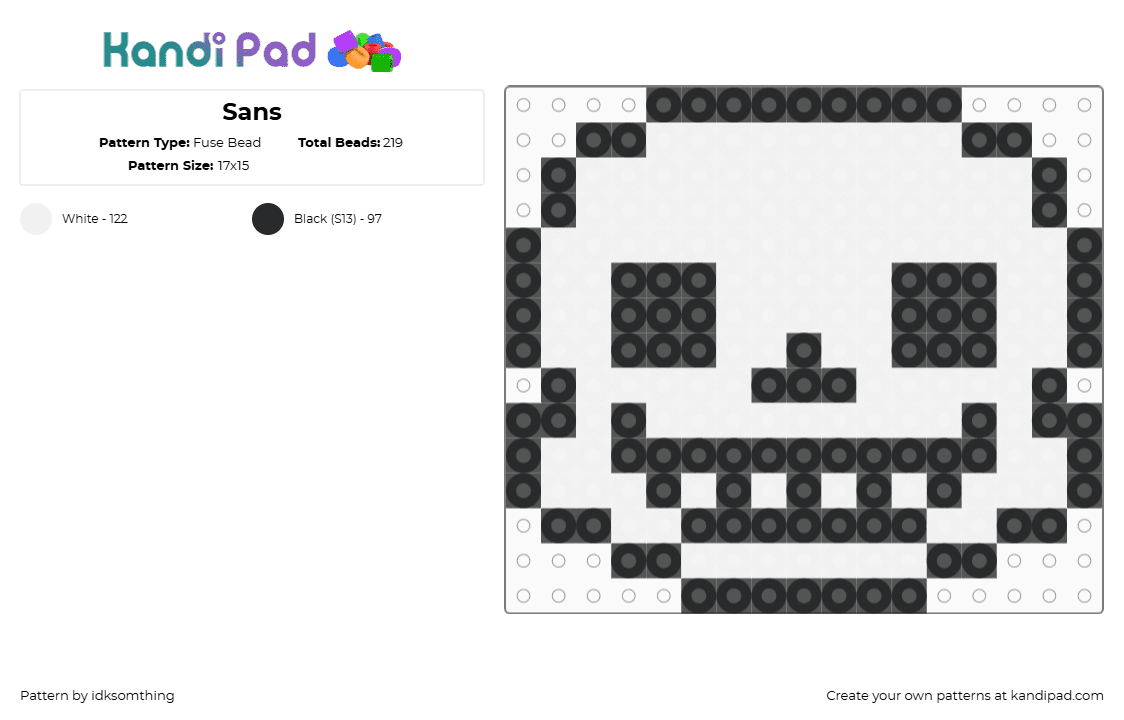 Sans - Fuse Bead Pattern by idksomthing on Kandi Pad - sans,undertale,head,character,gaming,video game,black,white