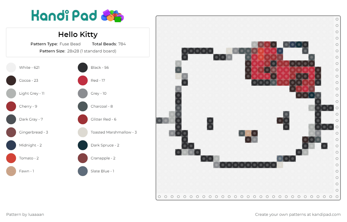 Hello Kitty - Fuse Bead Pattern by luaaaan on Kandi Pad - hello kitty,sanrio,iconic,cute,classic,pop culture,charming,kawaii,white